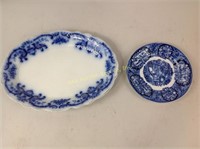 Grindley flow blue platter, and German plate