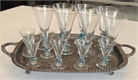 Footed Silverplated Tray & 13 Blue & Clear Glasses