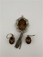 Vintage Cameo Brooch and Amber Stone