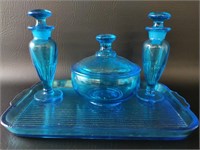 Vintage Blue Glass Vanity Set , Powder Box,
