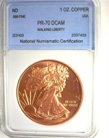 ND .999 Fine 1oz Copper NNC PR70DC Walking Liberty