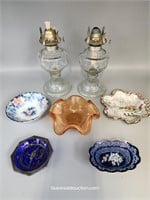 2 Mid Size Smaller Oil Lamps & 5 Pin Dishes