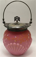 Enamel Decorated Pink Satin Glass Biscuit Jar