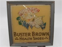 EARLY REVERSED PAINTED BUSTER BROWN SHOES SIGN