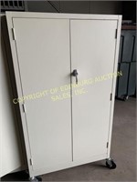 Metal two door rolling storage cabinet with keys