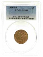 1901/0-S US LIBERTY HEAD $5 GOLD COIN PCGS MS61