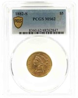 1882-S US LIBERTY HEAD $5 GOLD COIN PCGS MS62