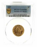 1857 US LIBERTY $5 GOLD COIN PCGS SCRATCH - AU DET