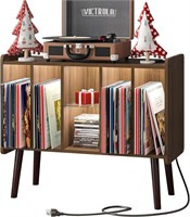 LED Record Player Stand with Storage  Walnut