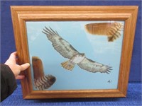 framed painted bird with feathers