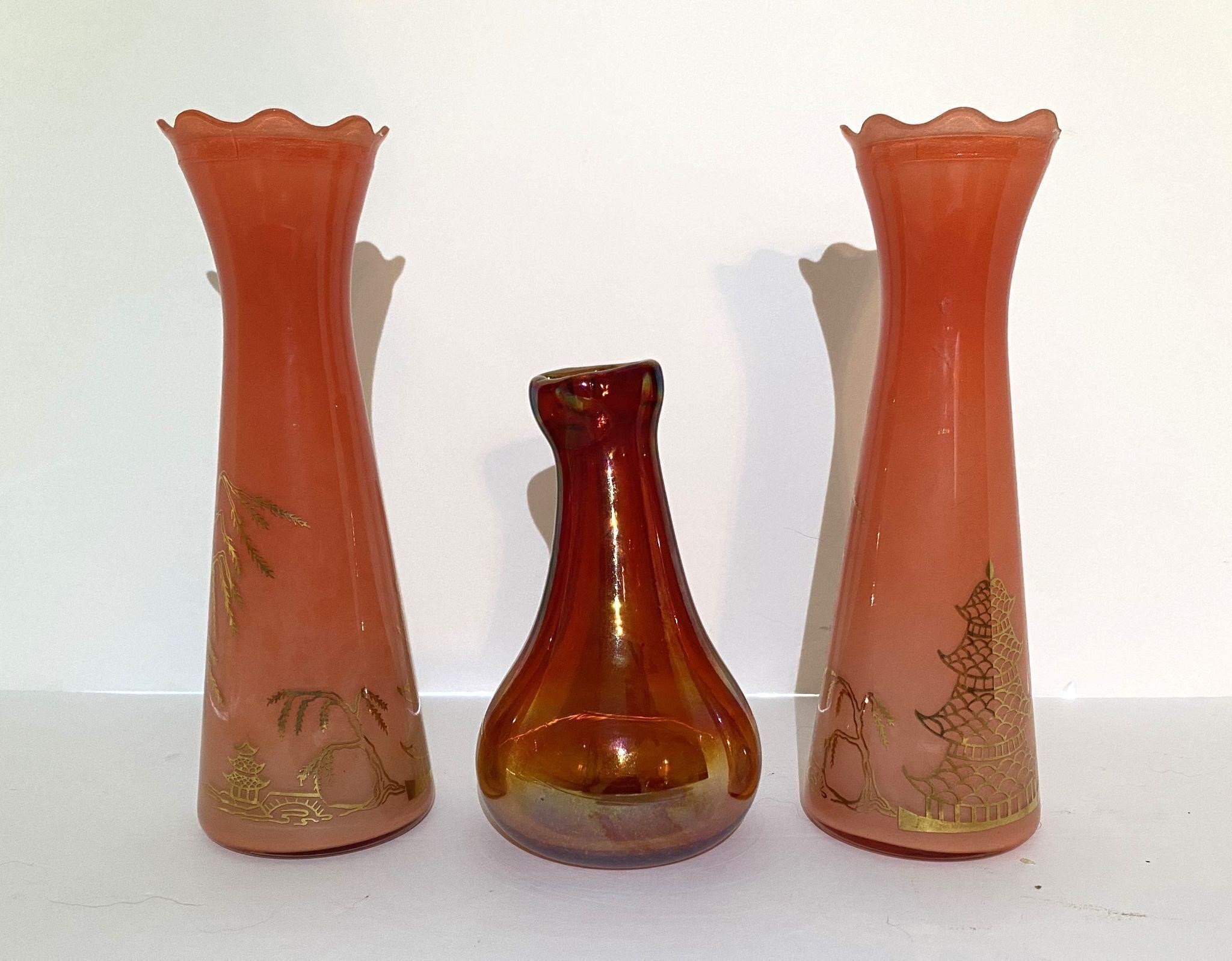 Vintage Orange Glass Vases with Gilt Asian Pagoda