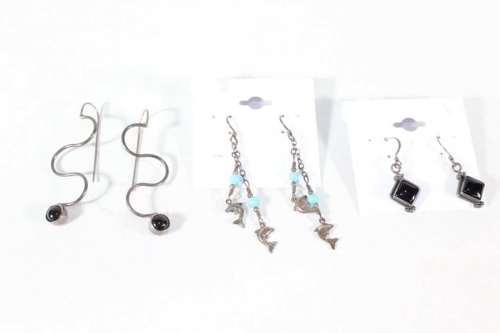 Trio of Sterling Silver Earrings / Onyx/Turquoise