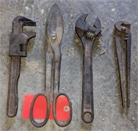Pipe Wrench, Shears, Adjustable Wrench, And Wire
