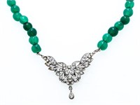 Green Bead Necklace, V Neck Crystal Design, Silver