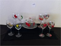Hand Painted Glasses & Cheese, Signed Bird Glasses