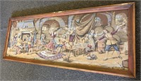 Antique Renaissance Bar Scene Tapestry with Wood