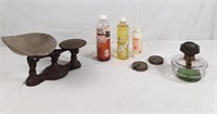 Assortment of lamp oils, an oil lamp piece, and a