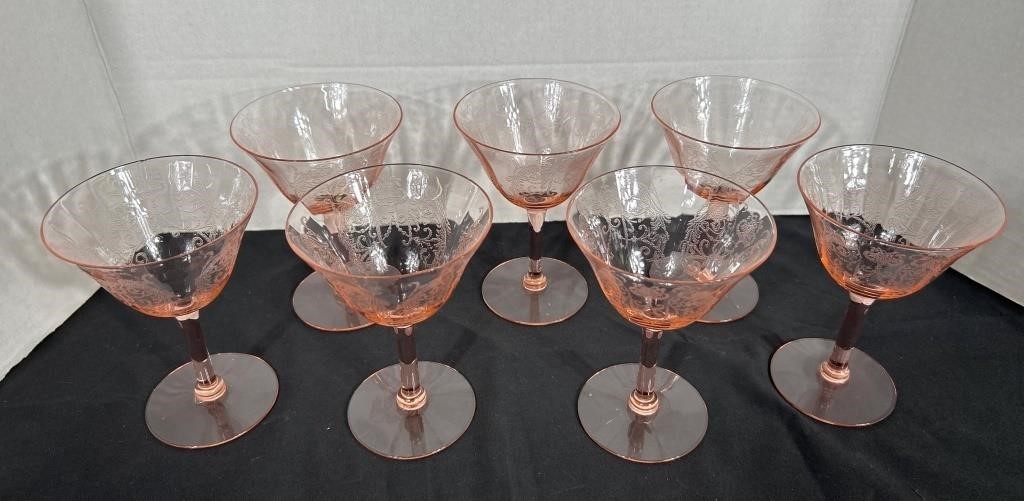 Peach Etched Stemmed 5 Wine Glasses