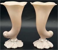 Pair of Vintage Pink Milk Glass Cornucopia Vases