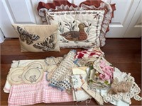 2 pillows and misc crochet items