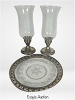 Sterling Silver Hurricane Candle Sticks & Plate