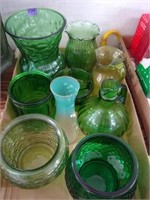 Lot of green glassware as shown. Vases, bowls