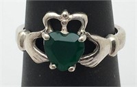 Sterling Silver Claddaugh Ring W Green Stone