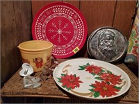 Holiday plates, Santa tin, cookie cutters
