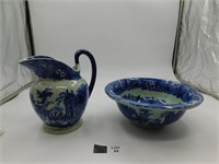 FLOW BLUE WASH BASIN AND PITCHER