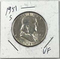 1951-S Franklin Silver Half Dollar, VF