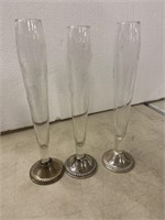 Three etched glass bases with weighted sterling