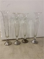 4 Etched fluted vases with weighted sterling