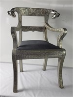 Tin-laminated wood arm chair with ram's heads