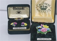 Boxed Crown English brooch and earring set