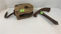 Vintage wood block pulley and copper barrel