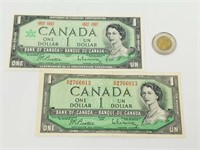 2 billets de 1$ du Canada, 1954 & 1967 -