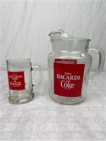 Vtg Coca-Cola BACARDI Glass Pitcher & Mug/Stein