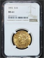 1892 $10 Liberty Gold Eagle NGC MS61 Sharp Coin