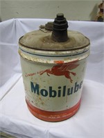 Vintage metal 5 gal Mobilube can (still has some