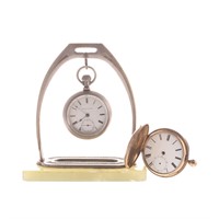 Two Equestrian Pocket Watches and Display Stand