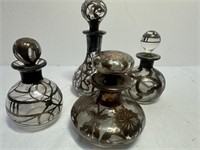 Antique Perfume Bottles w/Silver Overlay