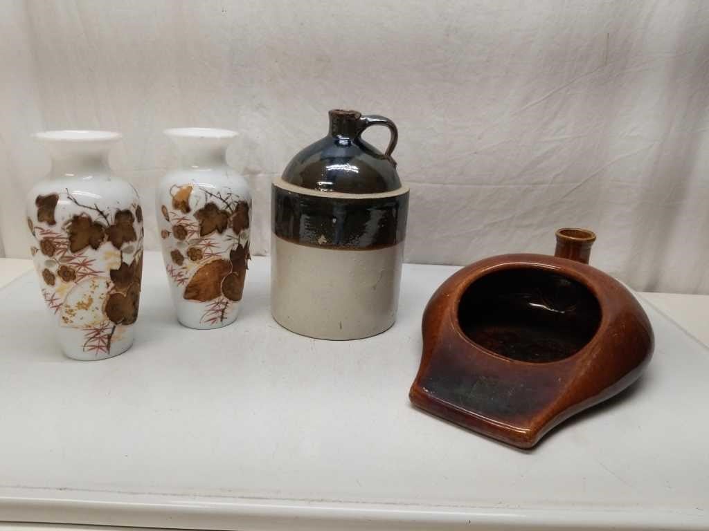 Stoneware Finger Jug + Bed Pan + Milk Glass Vases