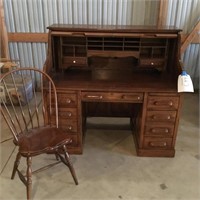 Oak Roll top desk & chair