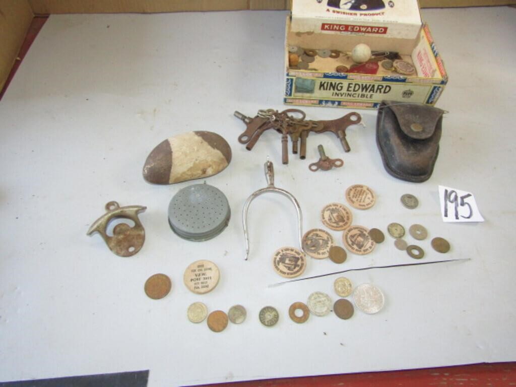 TOKENS, COCA COLA BOTTLE OPENER, CLOCK KEYS,MORE