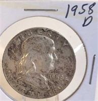 1958 D Ben Franklin Silver Half Dollar