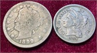 1881 3-Cent & 1899 V Nickel Coins