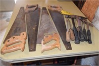4 Hand Saws, with Pick Hammer, Tool Sharpner, 2