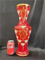 Monumental 17.5" ruby vase gold and enamel floral