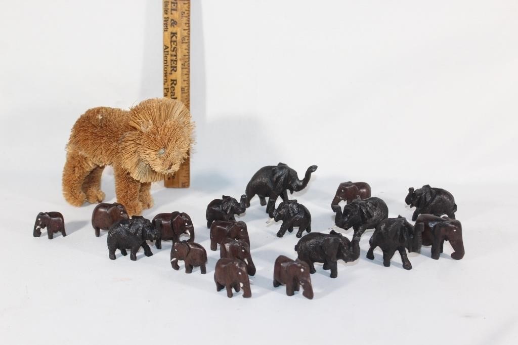 Large lot of VTG carved wood elephants,straw lion