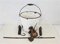 ENAMEL PAIL, ANTIQUE LADLE, 2 SCALES PLUS